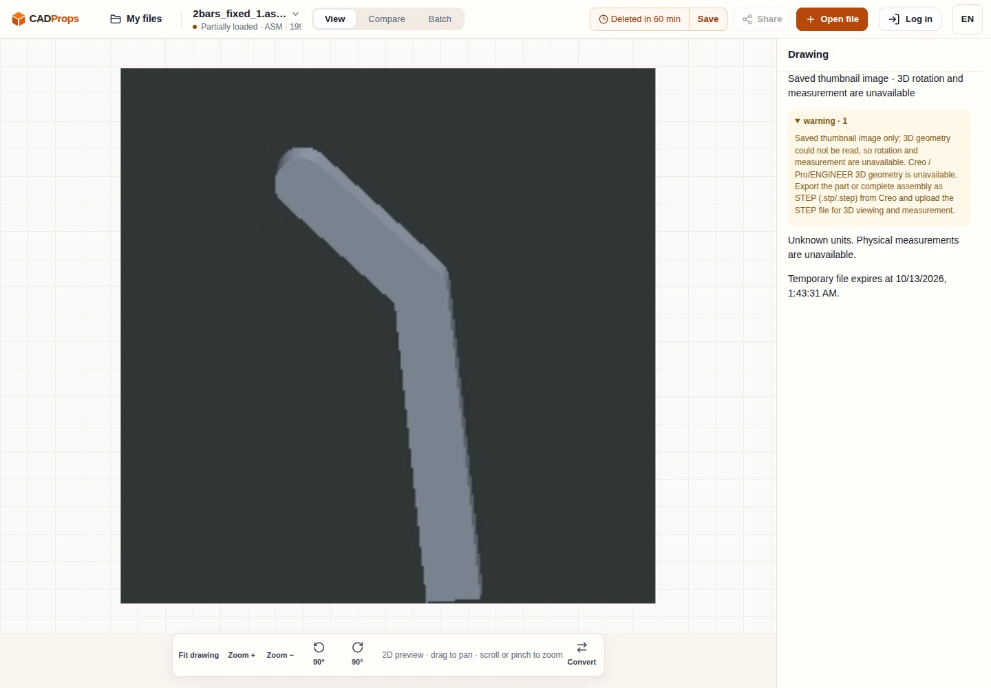 English CADProps workspace showing a saved Creo ASM thumbnail without decoded assembly geometry