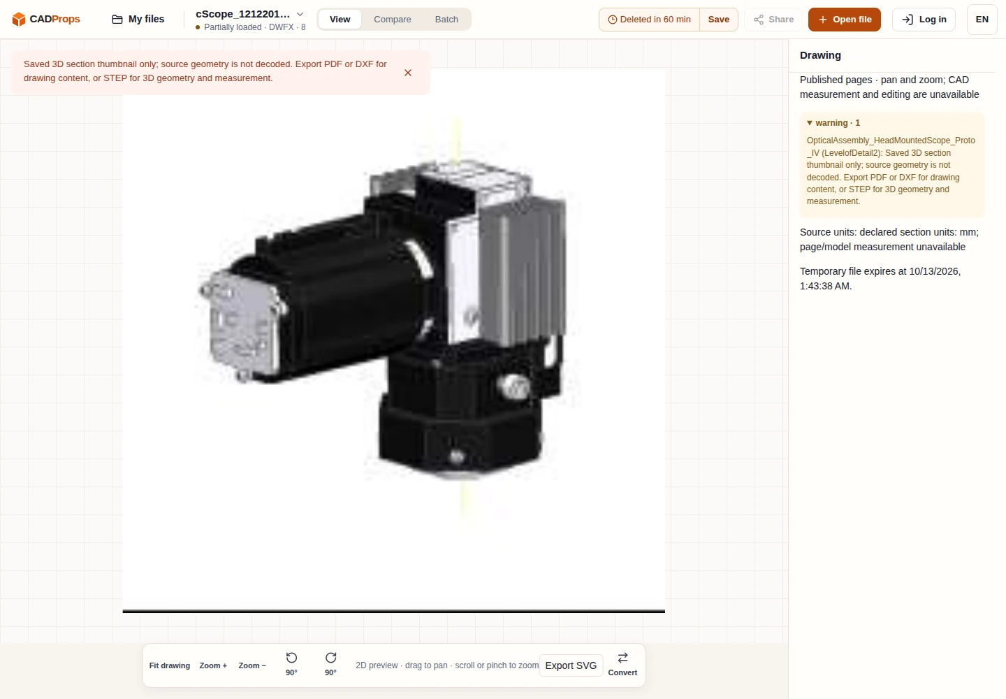English CADProps workspace showing the saved cScope DWFx W3D thumbnail with a read-only notice and SVG export