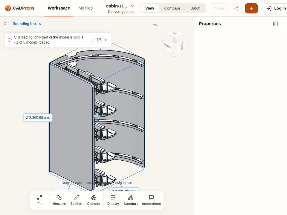 Cabin assembly package showing visible 3D while the CADProps workspace reports one of five models loaded