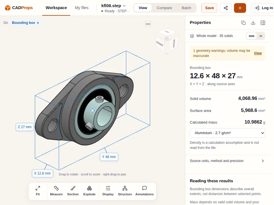 KFL08 flange bearing open in the English CADProps workspace, with its shape and bounding box visible