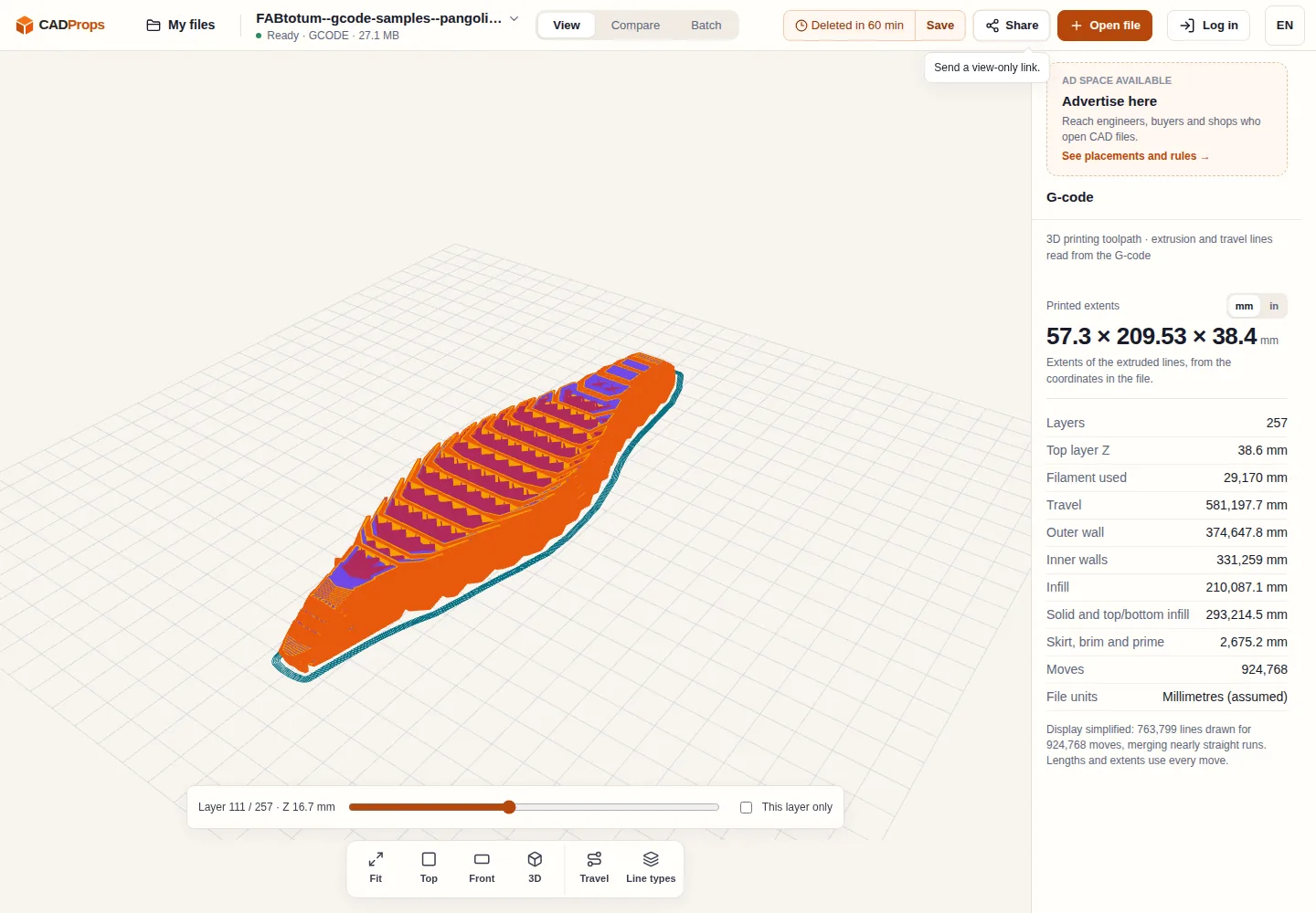 English CADProps workspace showing a 3D print toolpath cut at layer 111 of 257, with walls, infill and skirt in different colours and the print details panel