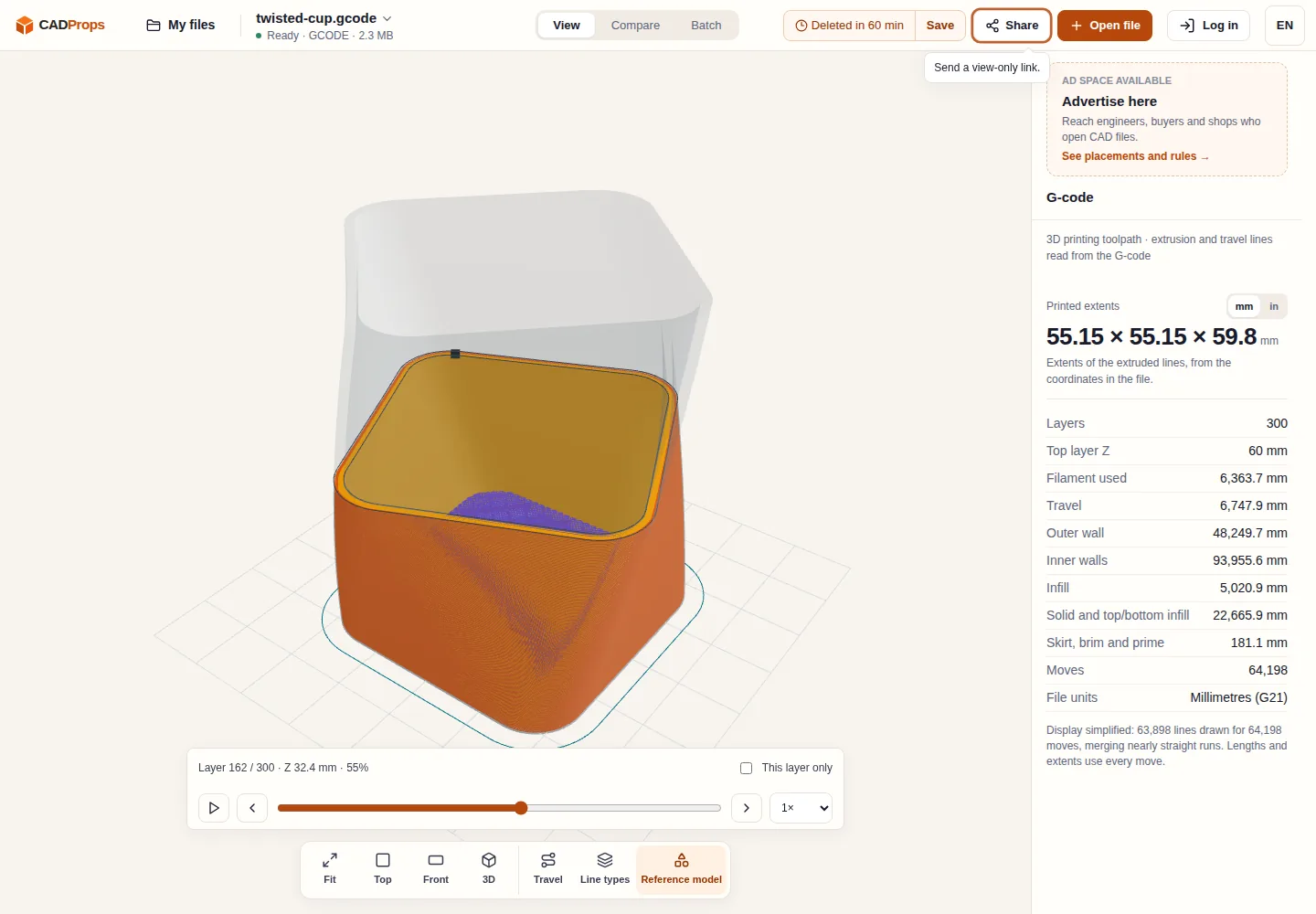 English CADProps workspace playing a 3D print toolpath at layer 162 of 300 inside its translucent twisted cup model, with the unprinted part of the model shown faintly above the current layer