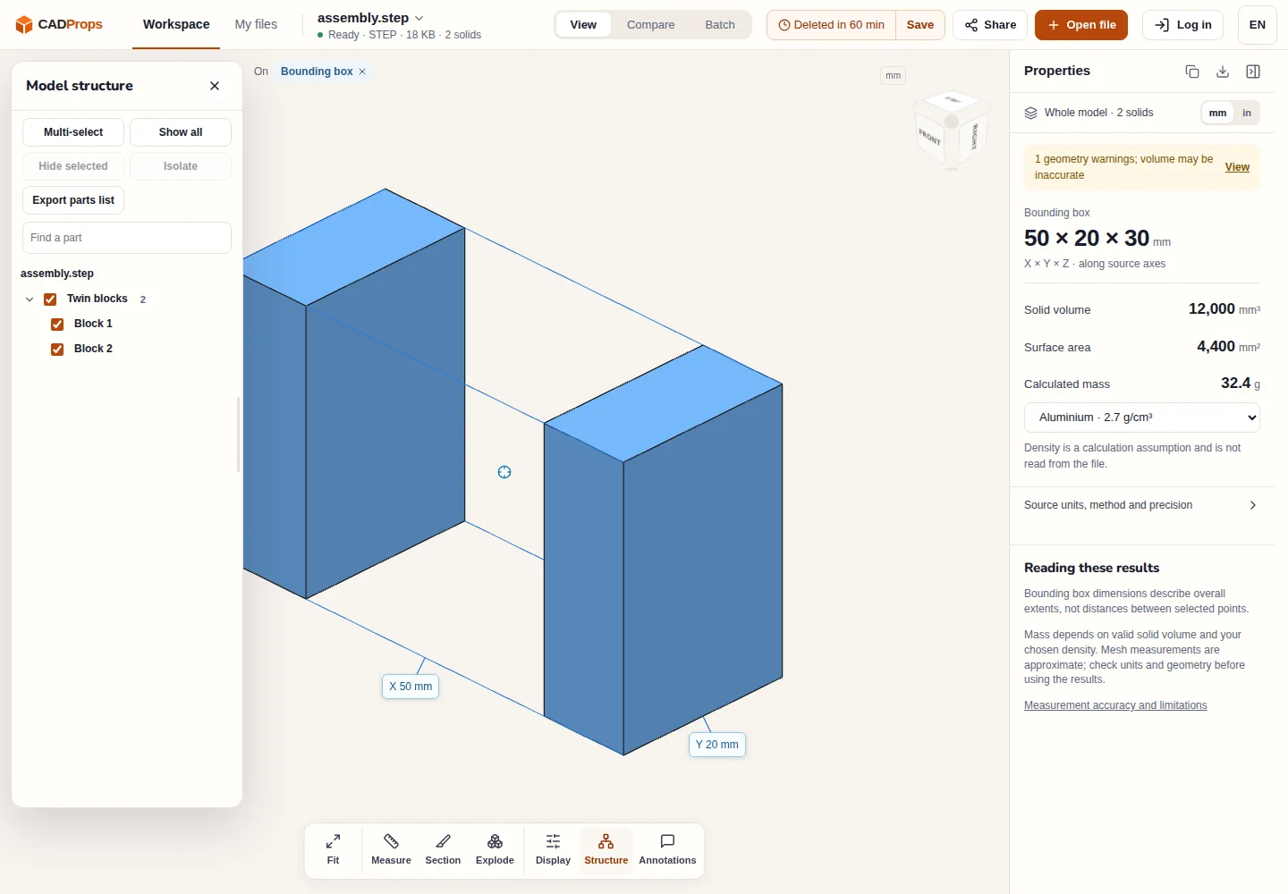 assembly.step con il pannello Struttura modello aperto: Block 1 e Block 2 sotto Twin blocks