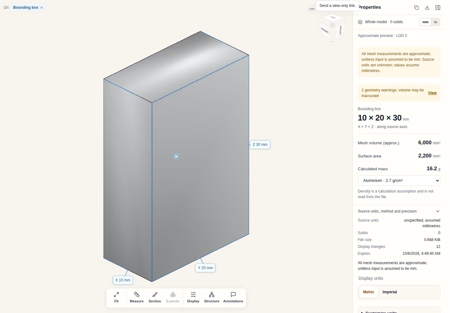 box.stl im CADProps STL-Viewer: 10 × 20 × 30 mm, Netzvolumen 6.000 mm³, Oberfläche 2.200 mm², Quelleinheiten nicht angegeben und als Millimeter angenommen
