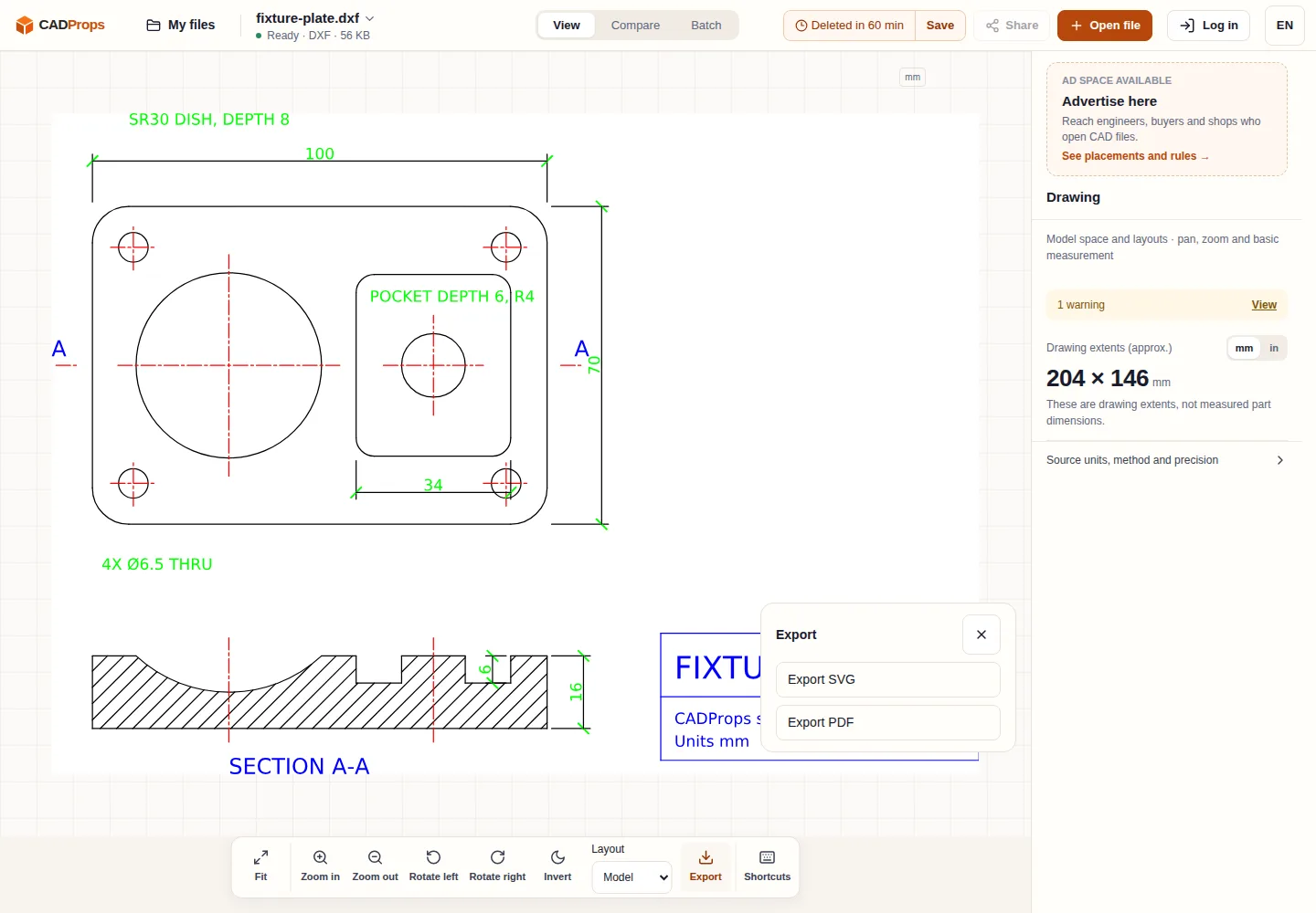 CADProps drawing viewer showing fixture-plate.dxf with dimensions, centre lines, a hatched section A-A and a title block, and the Export panel open with Export SVG and Export PDF