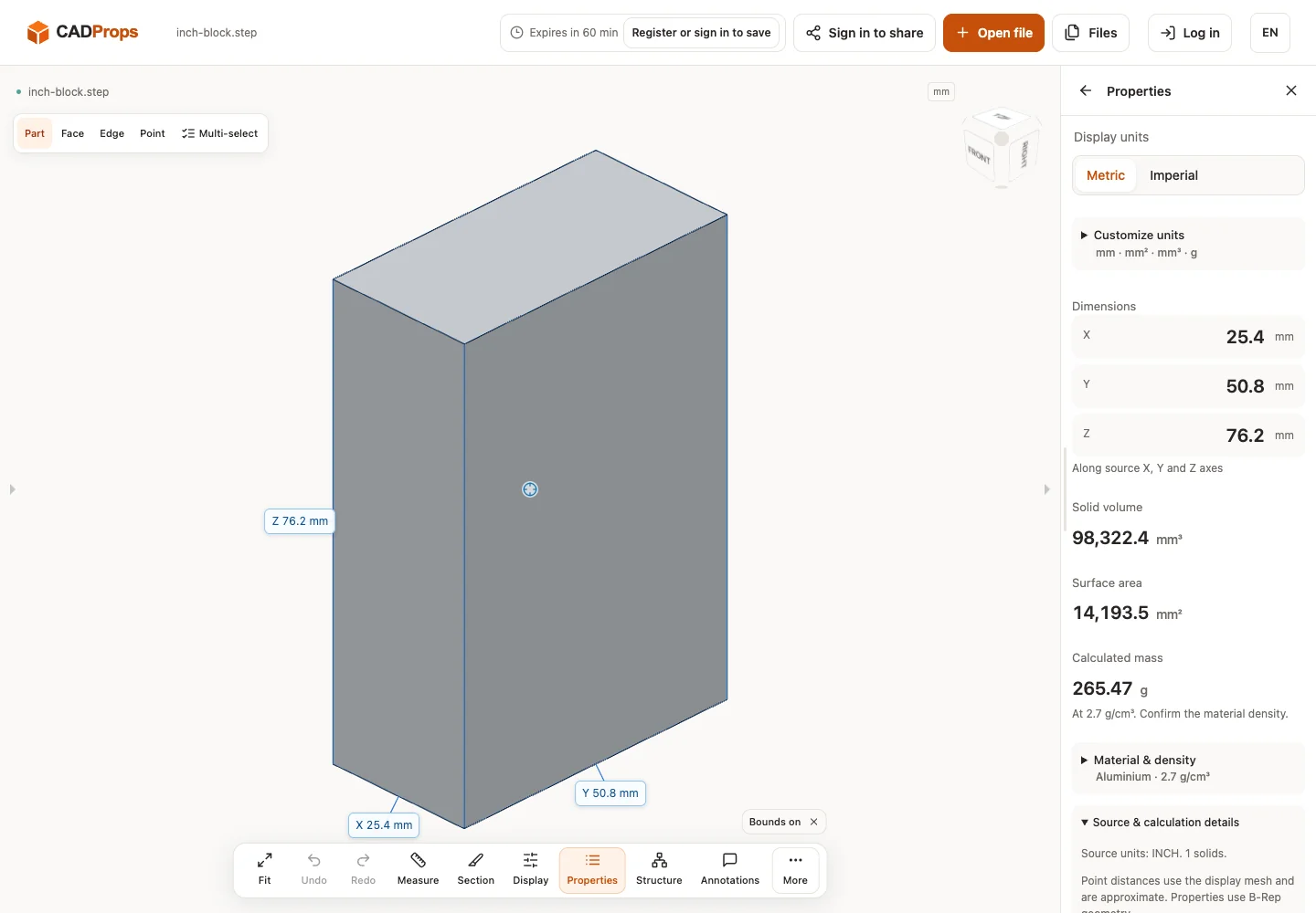 CADProps properties for the public inch-block.step sample