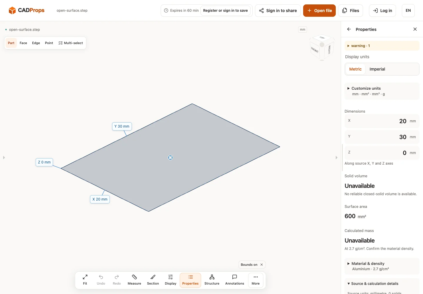 CADProps properties for the public open-surface.step sample
