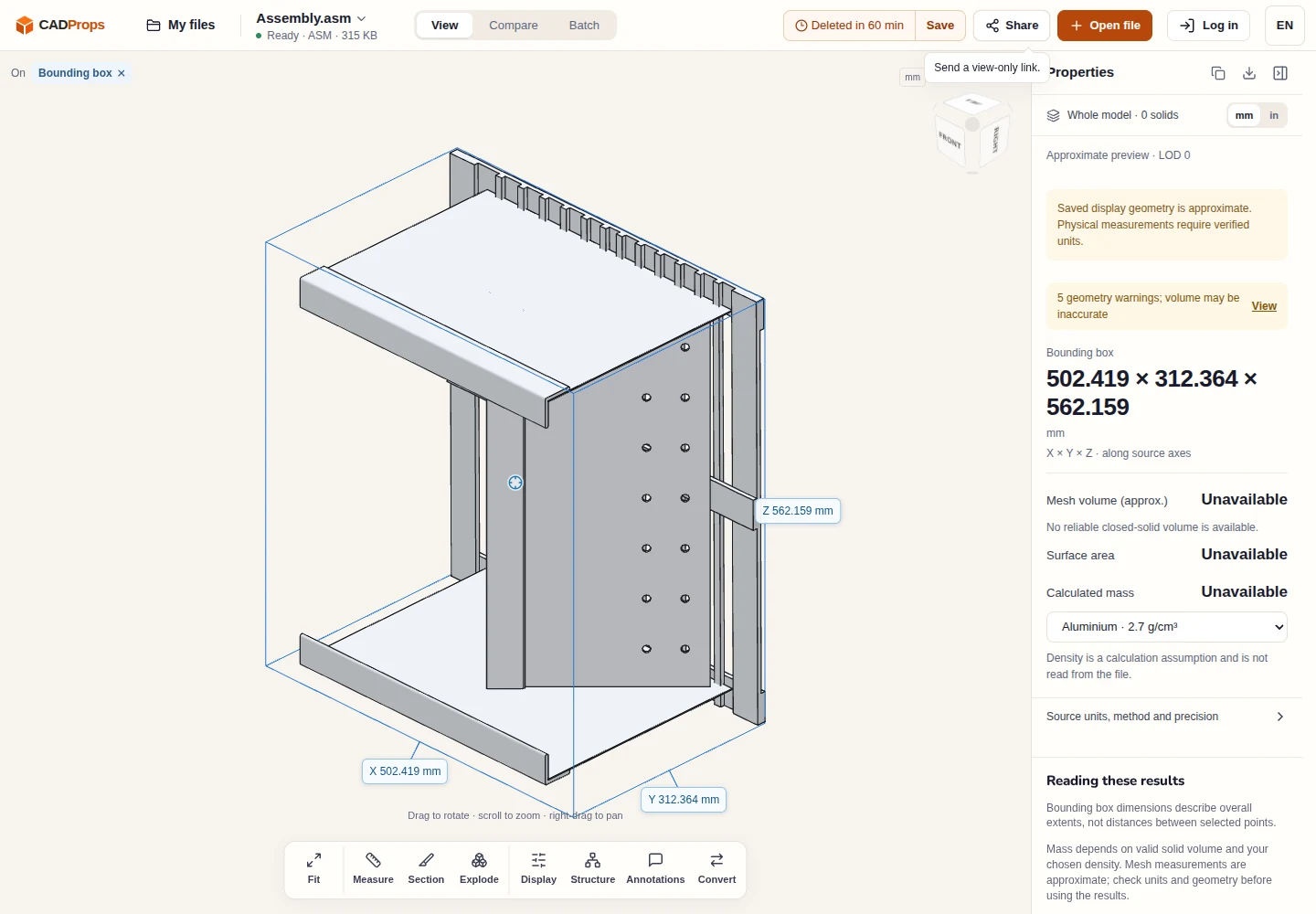 English CADProps workspace showing the saved Solid Edge ASM grill scene in neutral color with approximate bounds and unavailable area, volume and mass
