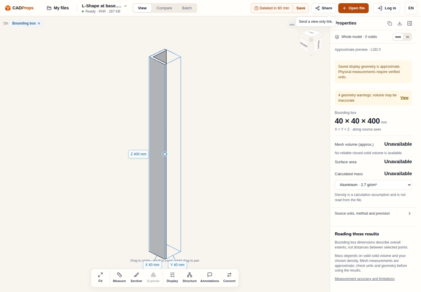 English CADProps workspace showing a neutral-color Solid Edge PAR angle part with approximate 40 by 40 by 400 mm bounds and unavailable properties