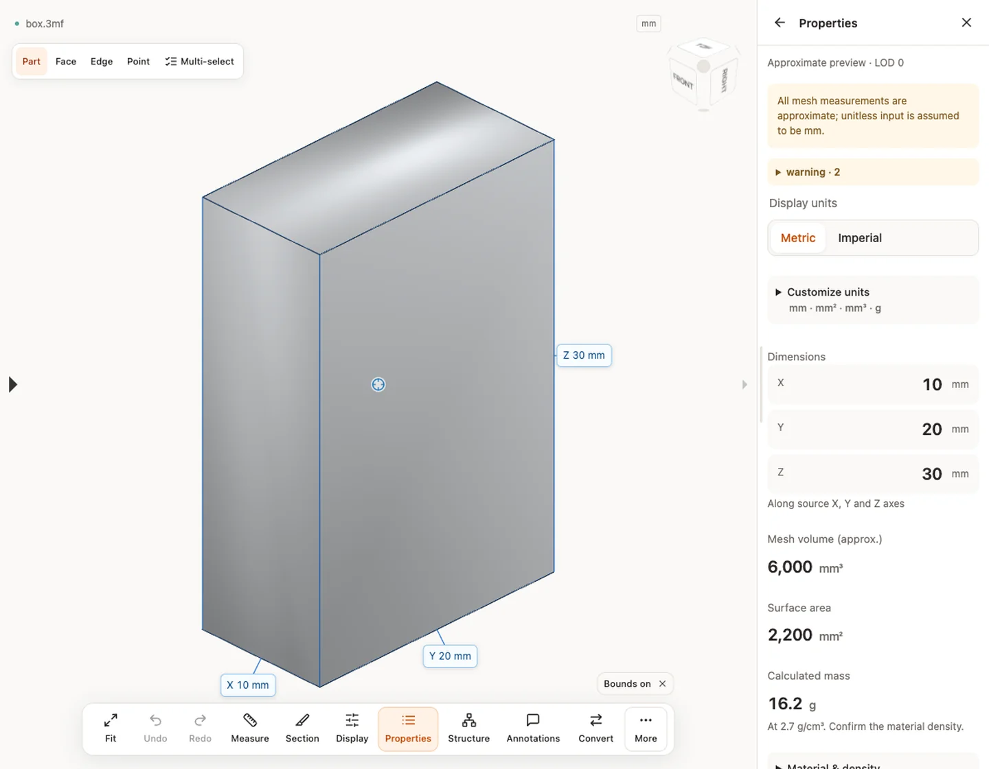 Propiedades — box.3mf · 10 × 20 × 30 mm · 6,000 mm³ · 2,200 mm²