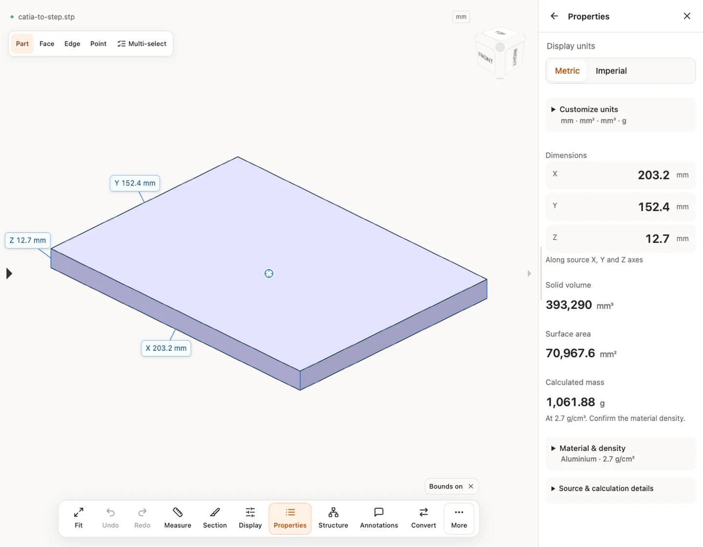 Propriedades — catia-to-step.stp · 203.2 × 152.4 × 12.7 mm · 393,289.536 mm³ · 70,967.6 mm²