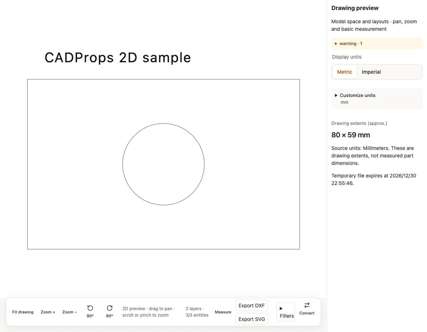 Drawing preview — drawing.dxf · 80 × 59 × 0 mm · — mm³ · — mm²