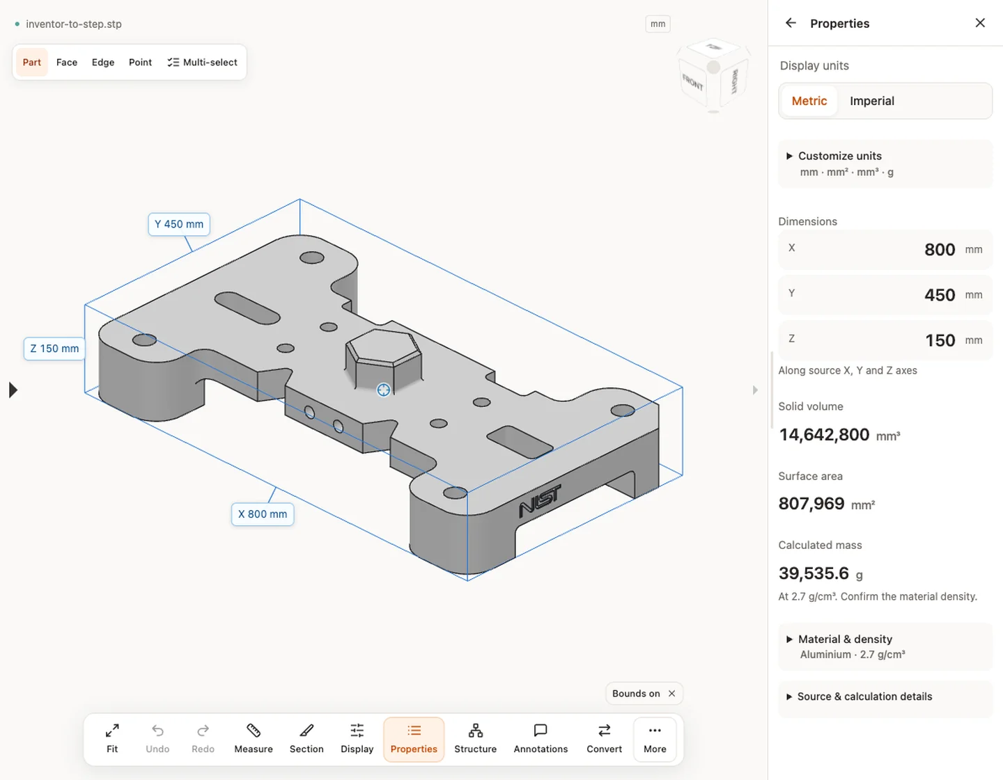 Properties — inventor-to-step.stp · 800 × 450 × 150 mm · 14,642,816.496 mm³ · 807,968.661 mm²