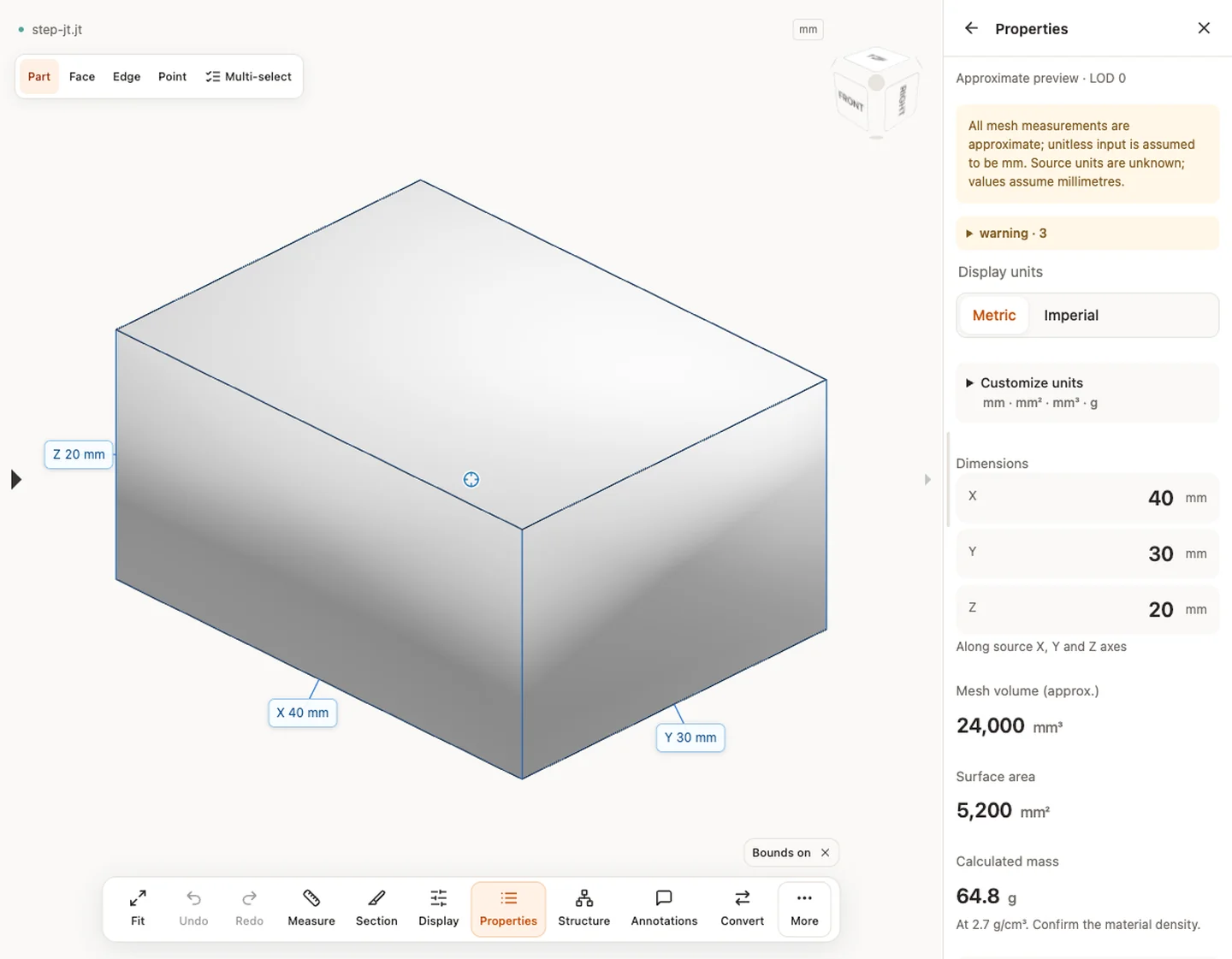 Proprietà — step-jt.jt · 40 × 30 × 20 mm · 24,000.003 mm³ · 5,200 mm² Questa anteprima nativa verifica solo il file e la versione mostrati, non compatibilità universale, misure B-Rep esatte o conversione STEP riuscita.