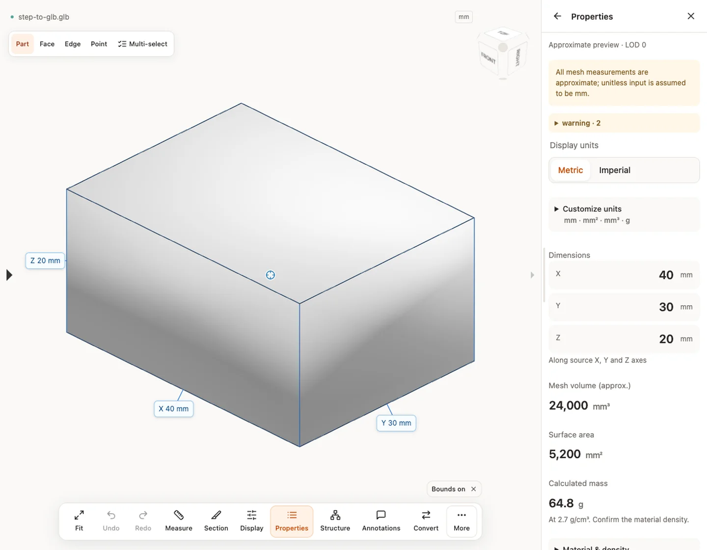 Proprietà — step-to-glb.glb · 40 × 30 × 20 mm · 24,000.003 mm³ · 5,200 mm²