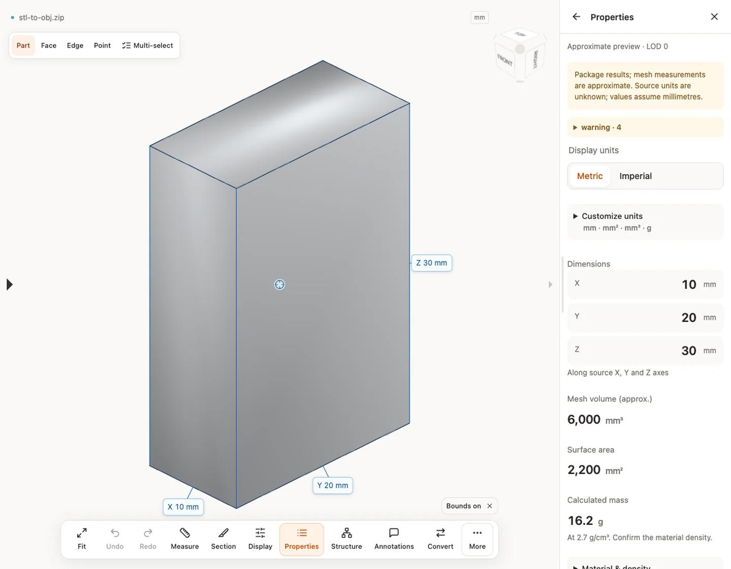 Propriétés — stl-to-obj.zip · 10 × 20 × 30 mm · 6,000 mm³ · 2,200 mm²