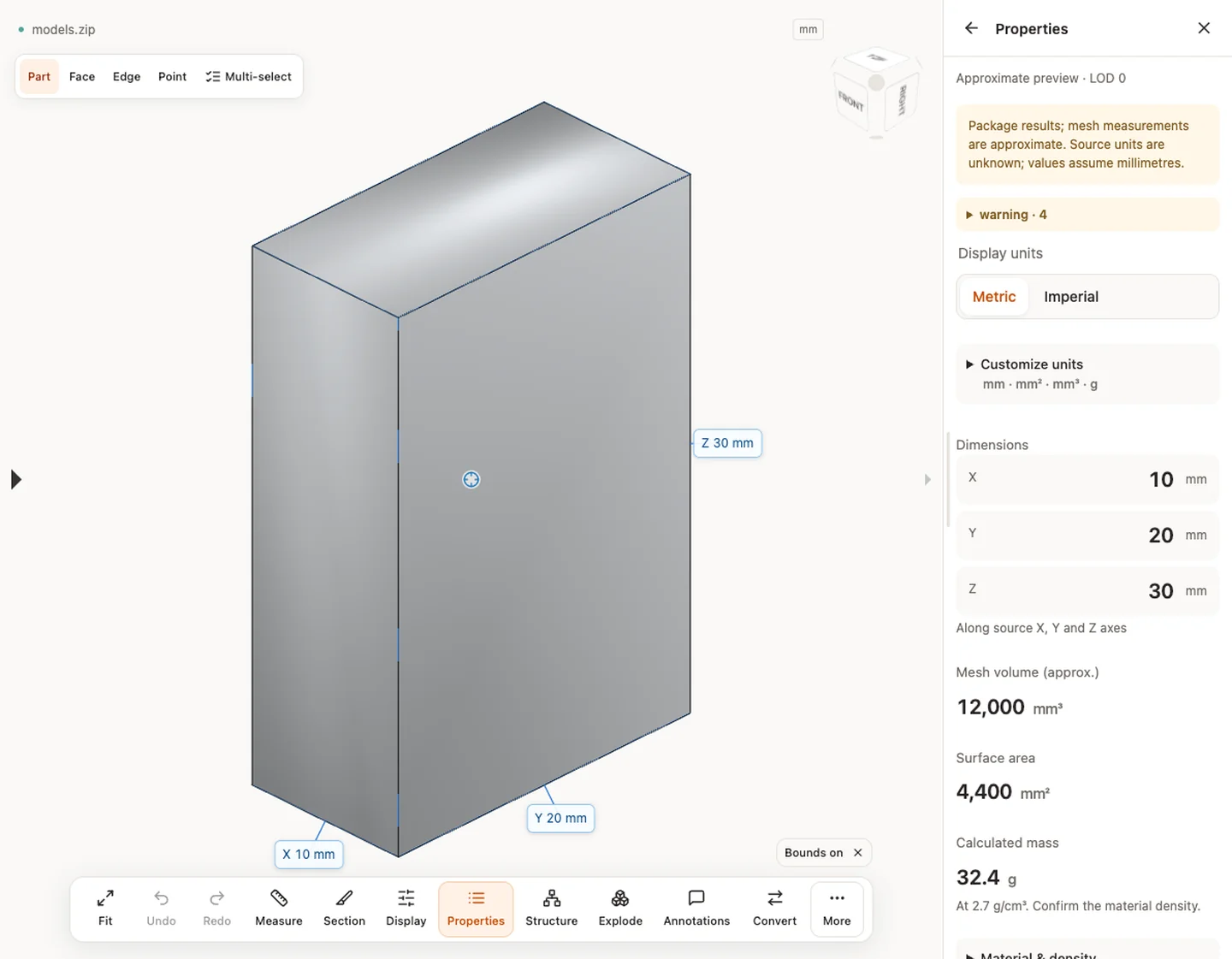 Propiedades — models.zip · 10 × 20 × 30 mm · 12,000 mm³ · 4,400 mm²