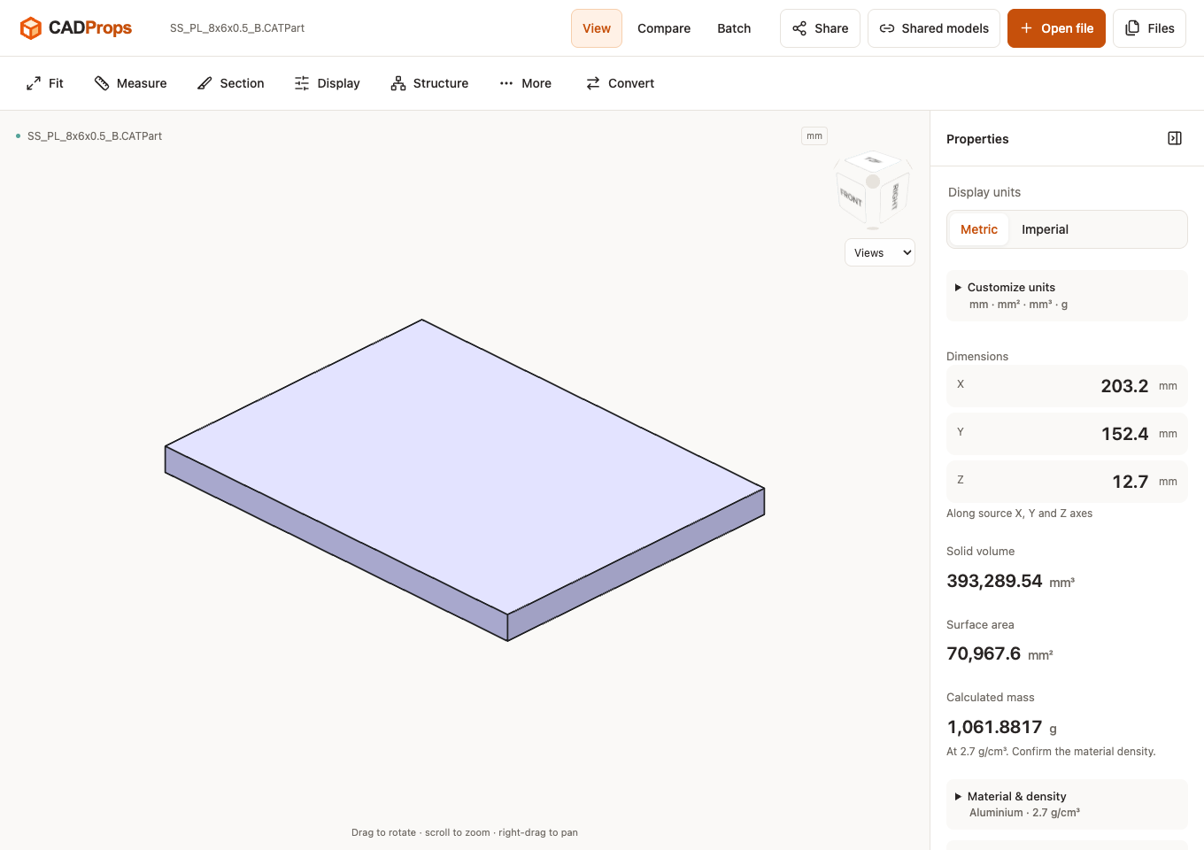 CATPart plate displayed in the CADProps workspace with its measured dimensions and volume